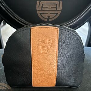 MCM Embossed Logo Faux Leather Black & Tan Cosmetic Bag Travel Pouch
